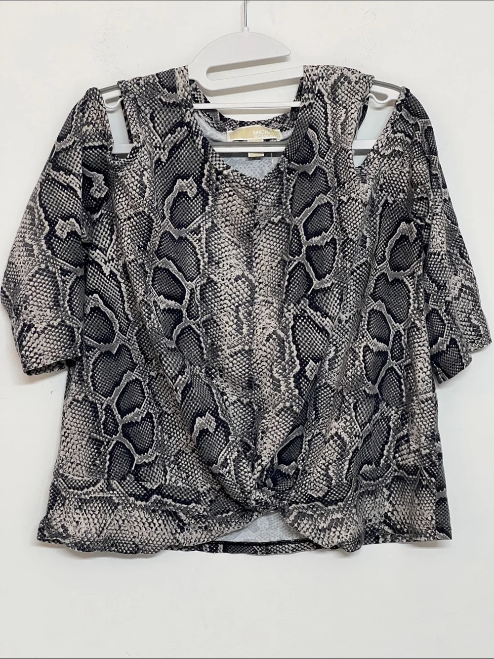 🌞 Michael Kors Black &Gray Snake Print Cold-Shoulder Twist Top Women size XL